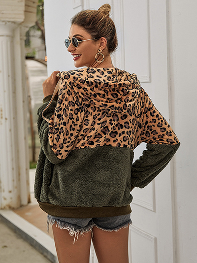 Women's Lady Leopard Print Plush Full-Zip Hooded Sweater Green