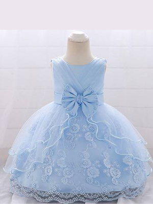 Baby dress has a tulle overlay with a multi-layer skirt, bow detail at the waist-light blue