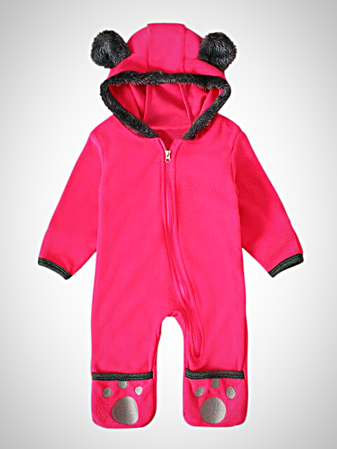 Girls hooded jumpsuit/onesie with little ears on the hood, front zipper closure, and footies