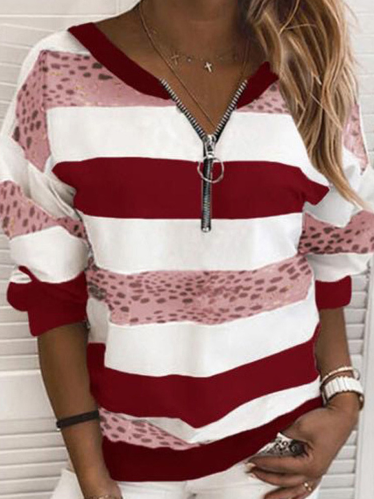 Woman Bold Striped Long Sleeves Zipper Top