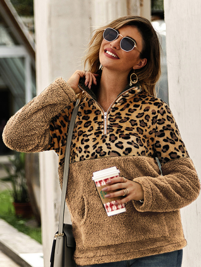 Women's Lady Leopard Plush Quarter-Zip Sweater Brown