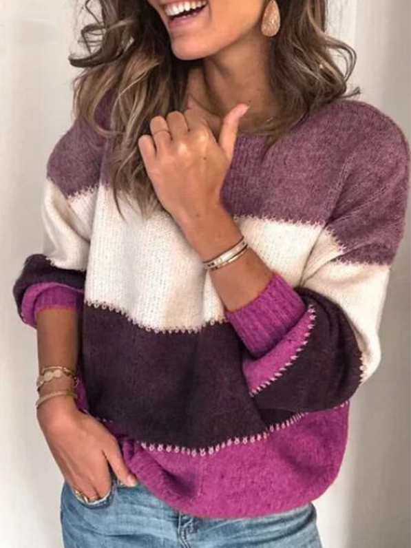 Women's Autumn Ambiance Color Block Long Sleeve Sweater Purple