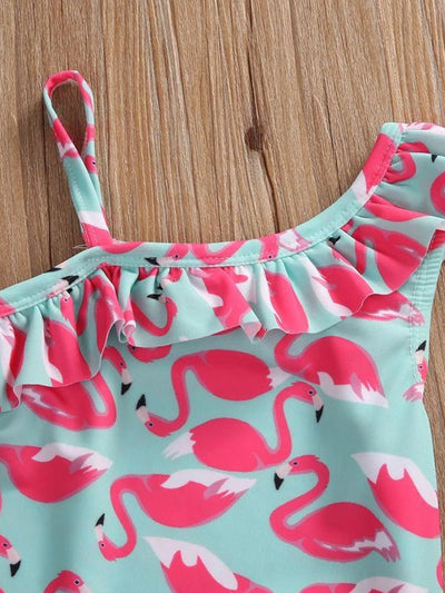 Girls Ruffled One Shoulder Flamingo Print Swimsuit