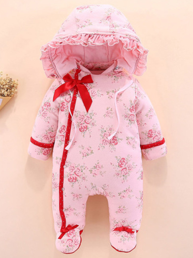 Baby All Dolled Up Floral Hood and Footie Jumpsuit- Pink