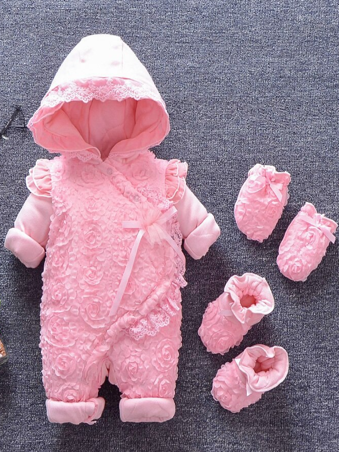 Baby Coming Up Roses Lace and Ruffle Hooded Jumpsuit with Booties - Pink