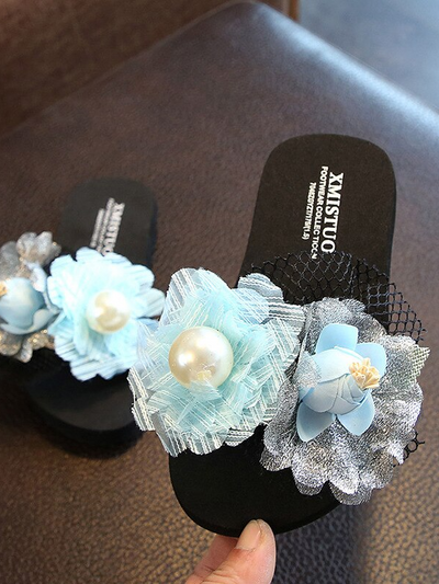 Girls Spring Flowers and Pearls Slides By Liv and Mia - Light Blue
