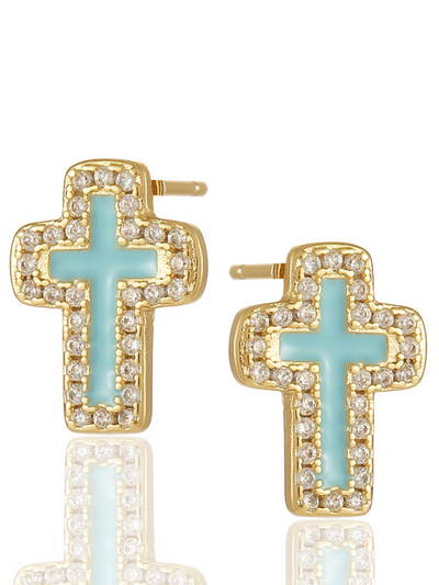 Girls Formal Accessories | Colorful Cross Gold Plated Stud Earrings
