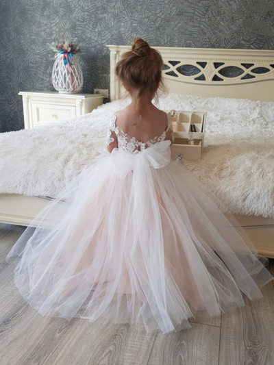 Girls Communion Dresses | White Open Back Lace Tulle Gown