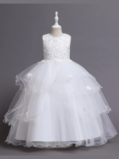 Girls Communion Dresses | White Flower Embroidered Layered Tulle Dress