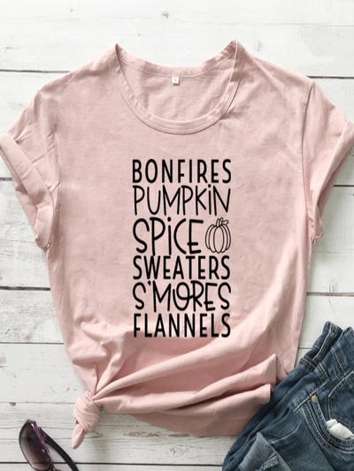 Women's "Bonfires, Pumpkin Spice, Sweaters, S'mores, Flannels" Short-Sleeved Top - Mia Belle Girls - blush