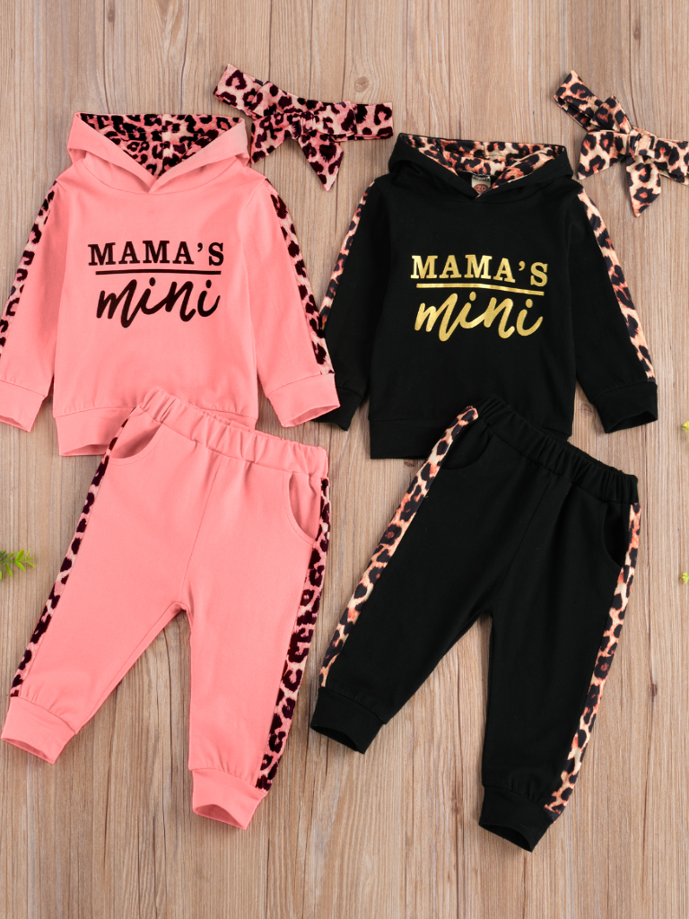 Baby 'Mama's Mini' Hooded Leopard Lined Sweatshirt and Pants Set