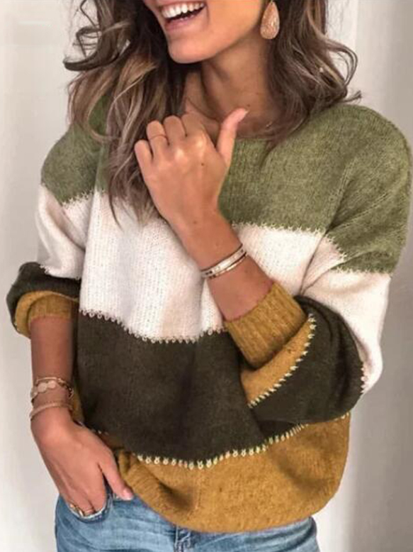 Women's Autumn Ambiance Color Block Long Sleeve Sweater Green