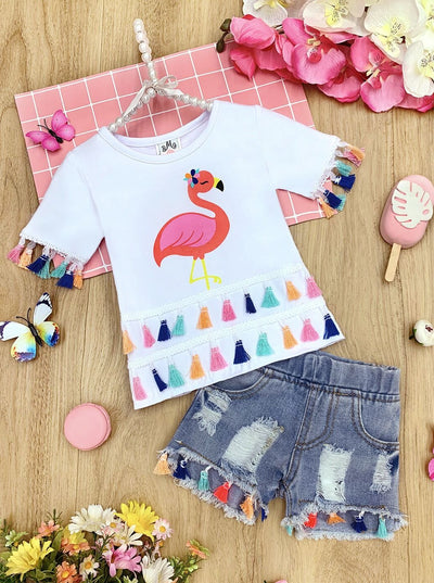 Girls Spring Outfits | Toddler Flamingo Tassel Top & Denim Shorts Set