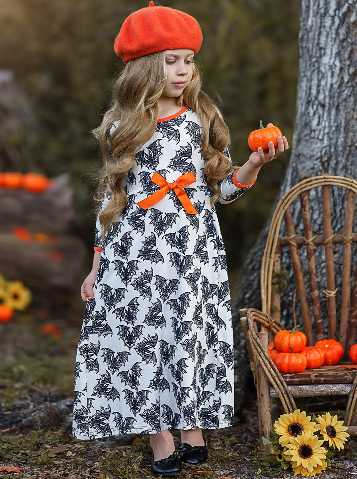 Girls Halloween Dress | Boho Bat Print Maxi Dress - Mia Belle Girls