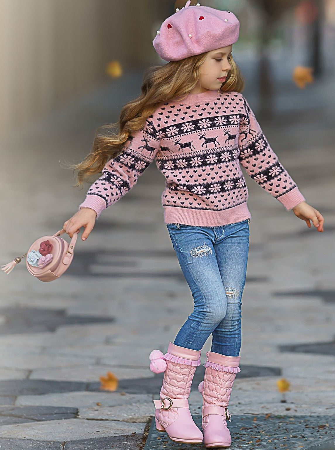 Cozy Winter Sweaters | Girls Cable Knit Reindeer Heart Holiday Sweater