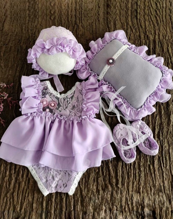 Baby photoshoot skirted onesie with cap, shoes and pillow lilac