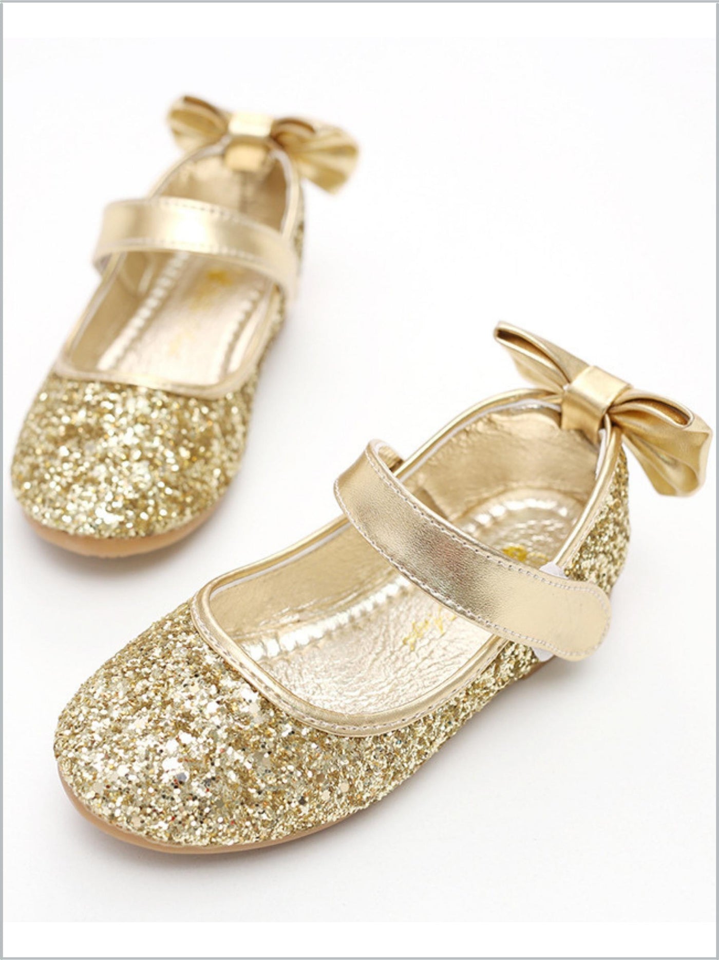 Girls Gold Shimmery Fairy Glitter Bow Tie Mary Jane Flats By Liv and Mia