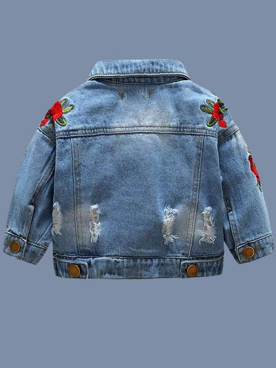 Girls Distressed Denim Jacket with Rose Embroidery - Denim / 2T - Girls Jacket