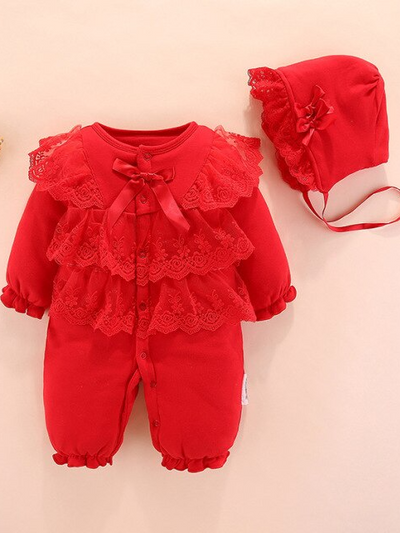 Baby Little Lace Lady  Onesie With Bonnet Set Red
