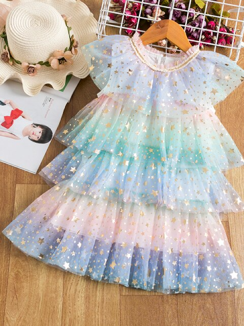 Girls Spring Dresses | Pastel Rainbow Sequin Star Tiered Tulle Dress