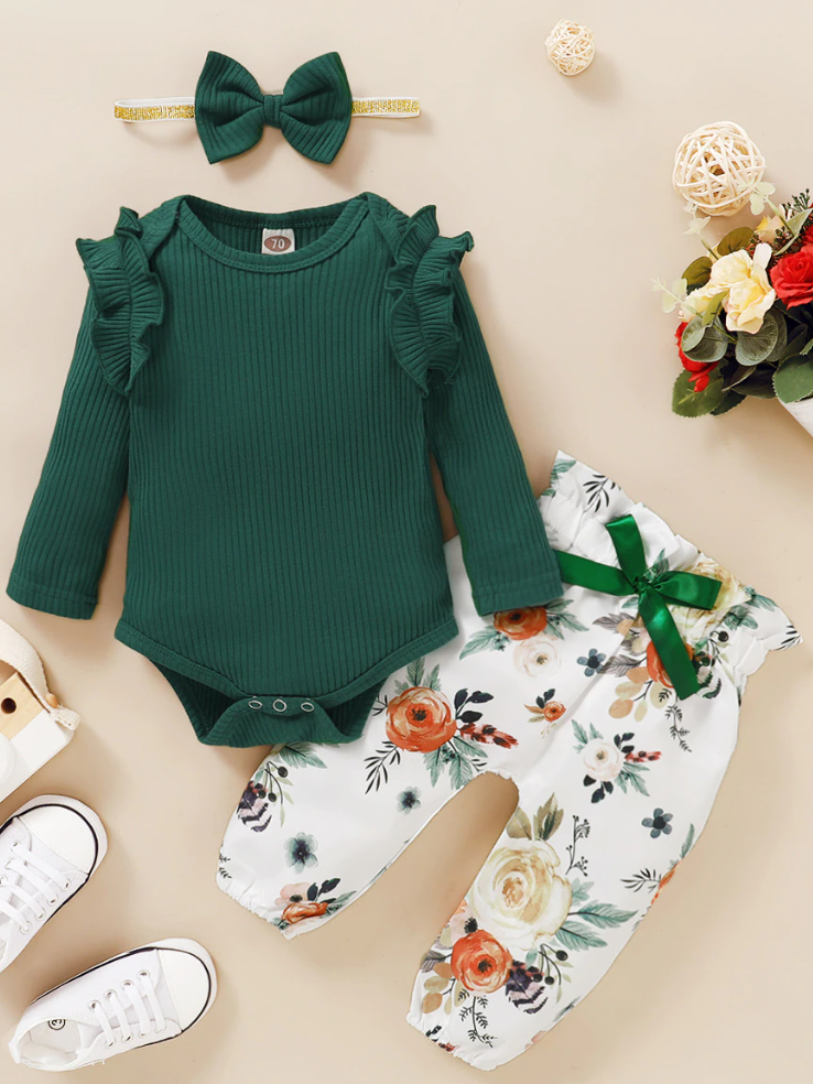 Baby Fall Floral Fantasy Ribbed Long Sleeve Onesie and Legging Set Green
