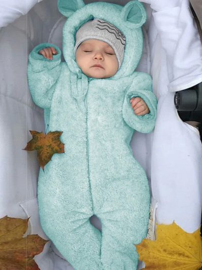 Baby hooded jumpsuit/onesie with little ears on the hood, front zipper closure, and footies