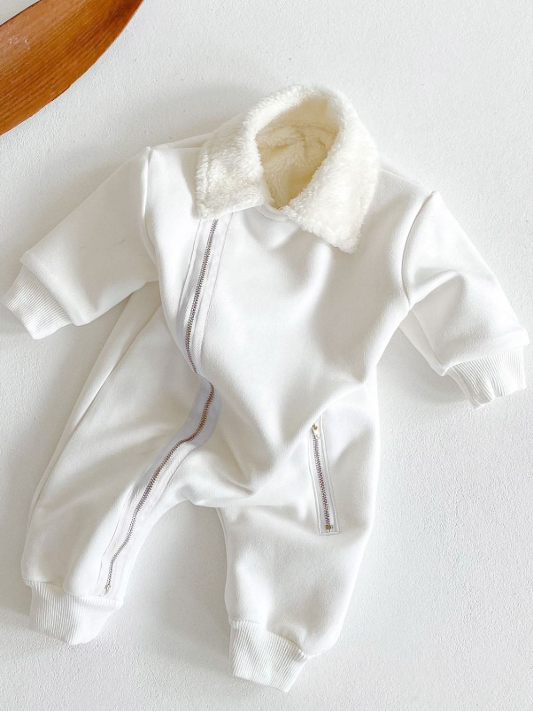 Baby Velvet Soft Fleece Lined Jumpsuit Onesie White