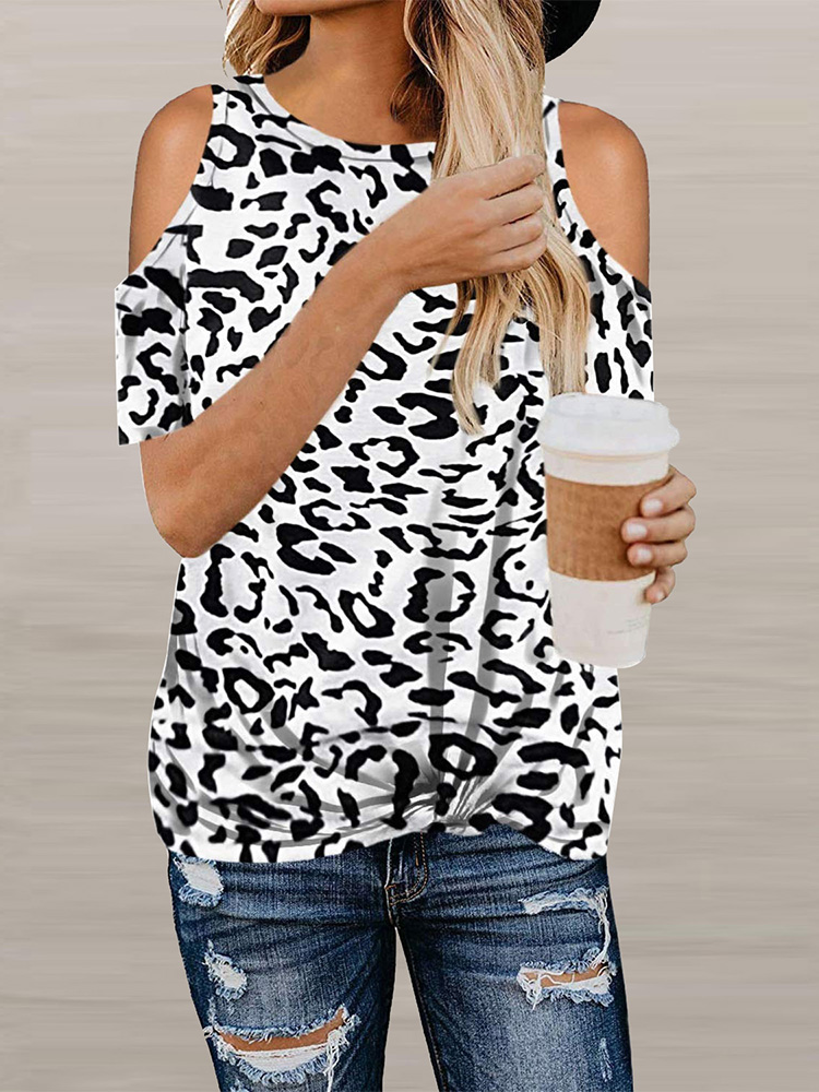 Women's Wild Cold Shoulder Animal Print Short Sleeve Top White