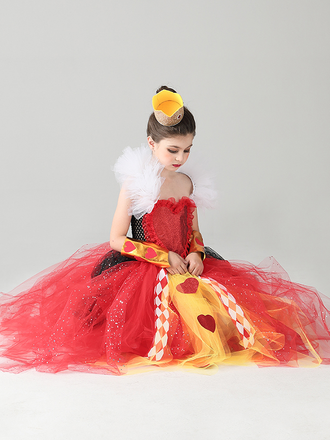 Girl Alice in Wonderland Queen of Hearts Inspired Costume with Cuffs and Crown Set