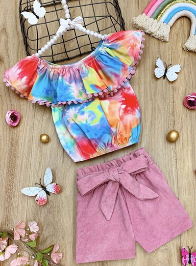 Girls Spring Outfits | Tie Dye Ruffle Top & Paperbag Belted Shorts Set