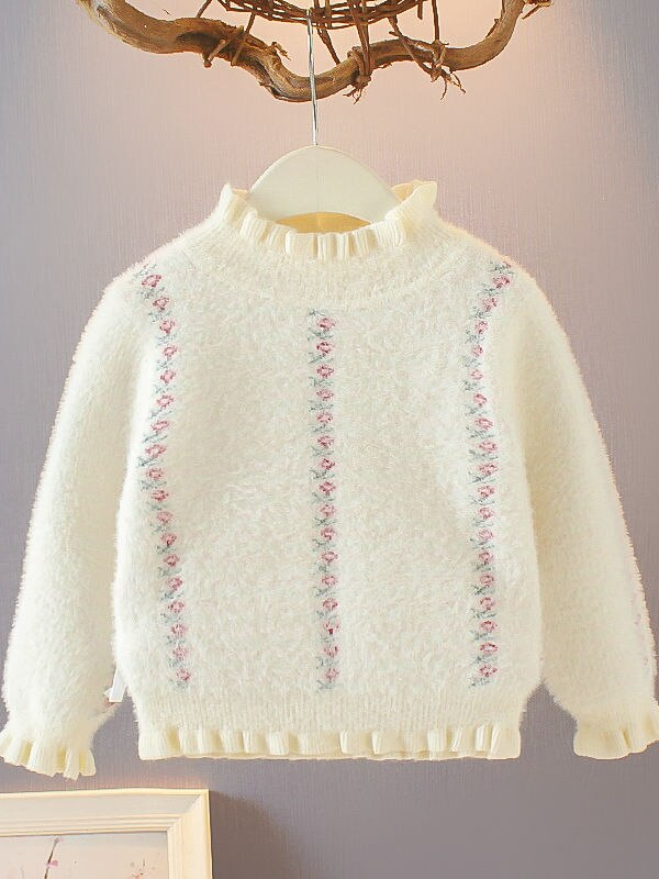 Girls Floral Fuzzy Sweater - White