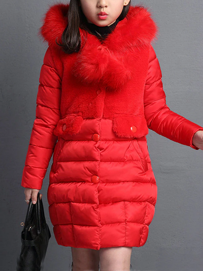 Girls Tres Chic Faux Fur Collared Winter Jacket - Red