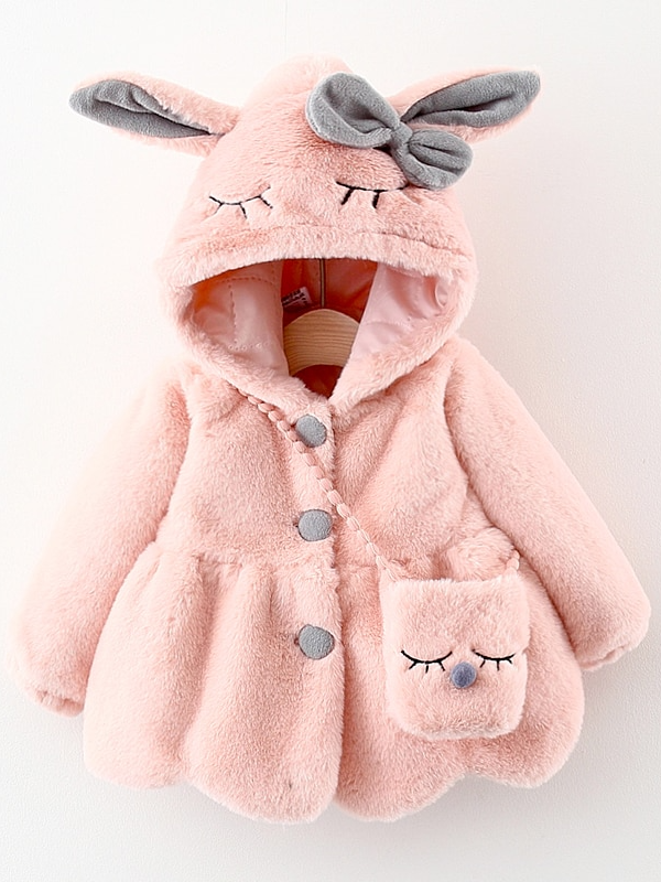 Baby Busy Bunny Ear Hooded Button Down Fleece Coat with Purse Pocket - Pink