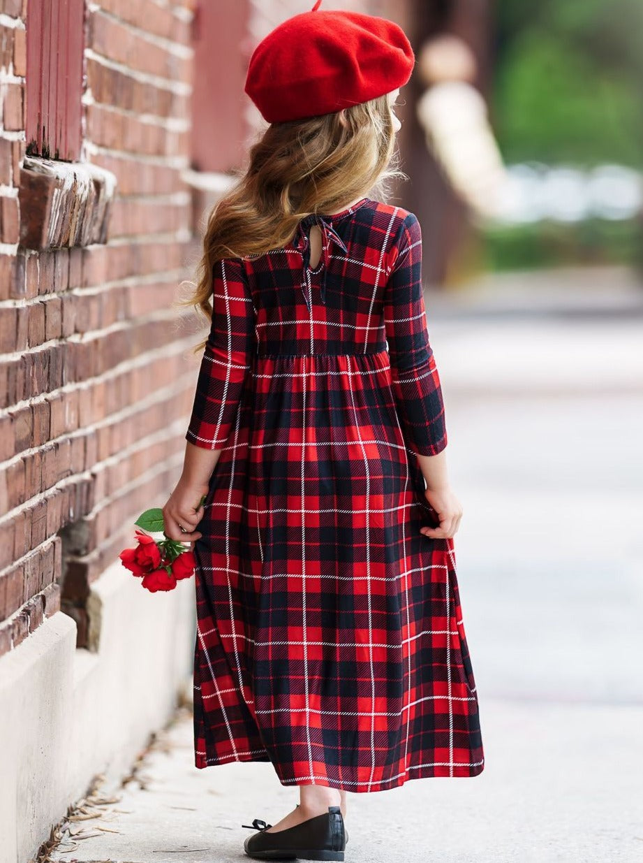 Girls Red & Black Plaid Long Sleeve Maxi Dress with Front Bow - Girls Fall Casual Dress