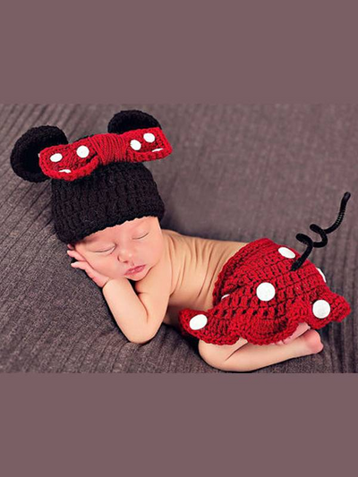Baby knitted photoshoot costume - red minnie mouse inspired