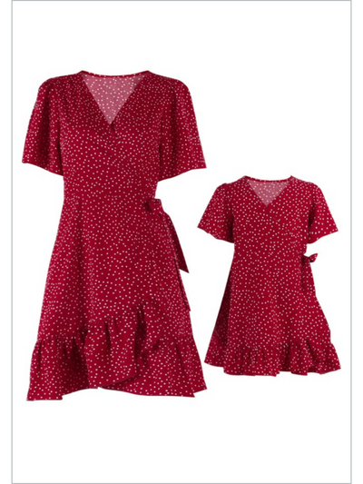 Mommy & Me | Matching Dresses | Short Sleeve Burgundy Polka Dot Dress