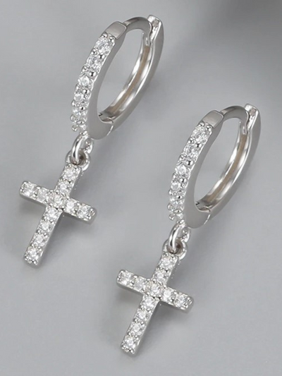 Girls Formal Accessories | Silver & Gold Bejeweled Cross Drop Earrings