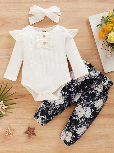 Baby Sweet Floral Onesies with Pants and Matching Headband - Mia Belle Girls