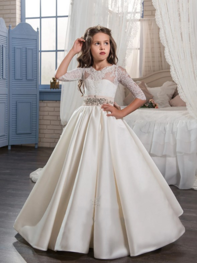 Girls Communion Dresses | Half Lace Sleeve Bowed Satin Pleated Gown