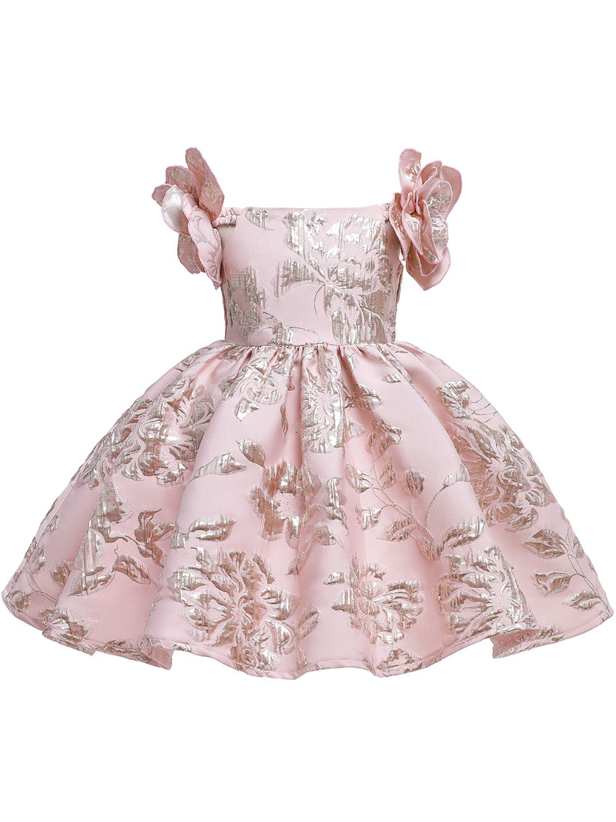 Girls Formal Dresses | Pink Flower Sleeve Brocade Pleated Dress