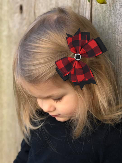 Girls Accessories | Preppy Plaid Bejeweled Bow Clips - Mia Belle Girls