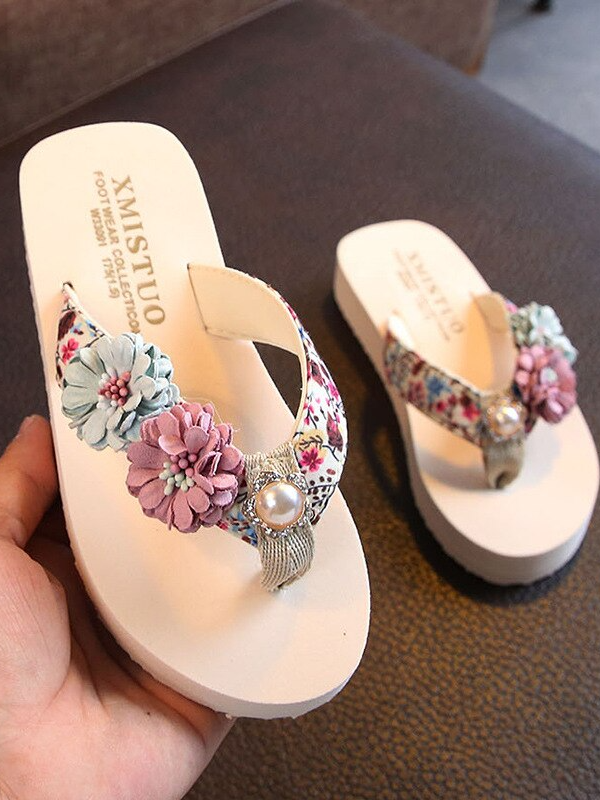 Girls Fancy Flower Power Slides By Liv and Mia - Creme