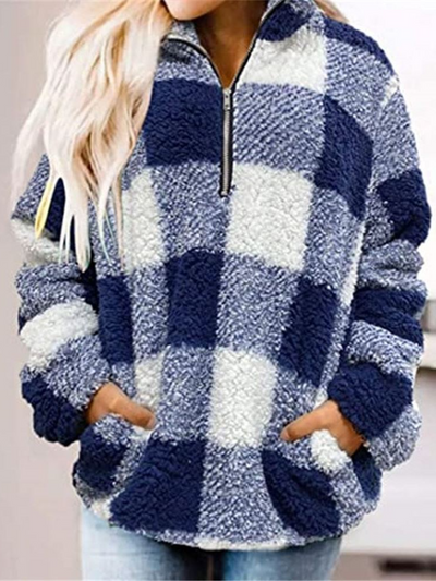 Women's 'Plush Plaid Please' Quarter-Zip Pullover Sweater Navy