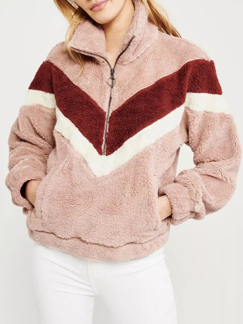 Women's Plush Tri-Color Half-Zip High Collar Sweater Pink