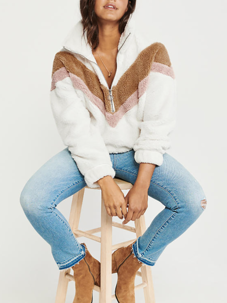 Women's Plush Tri-Color Half-Zip High Collar Sweater White