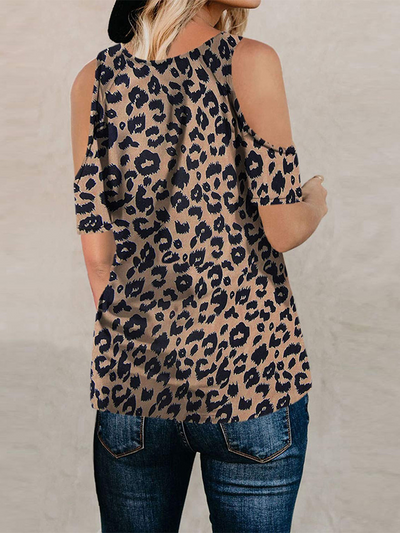 Women's Wild Cold Shoulder Animal Print Short Sleeve Top Taupe