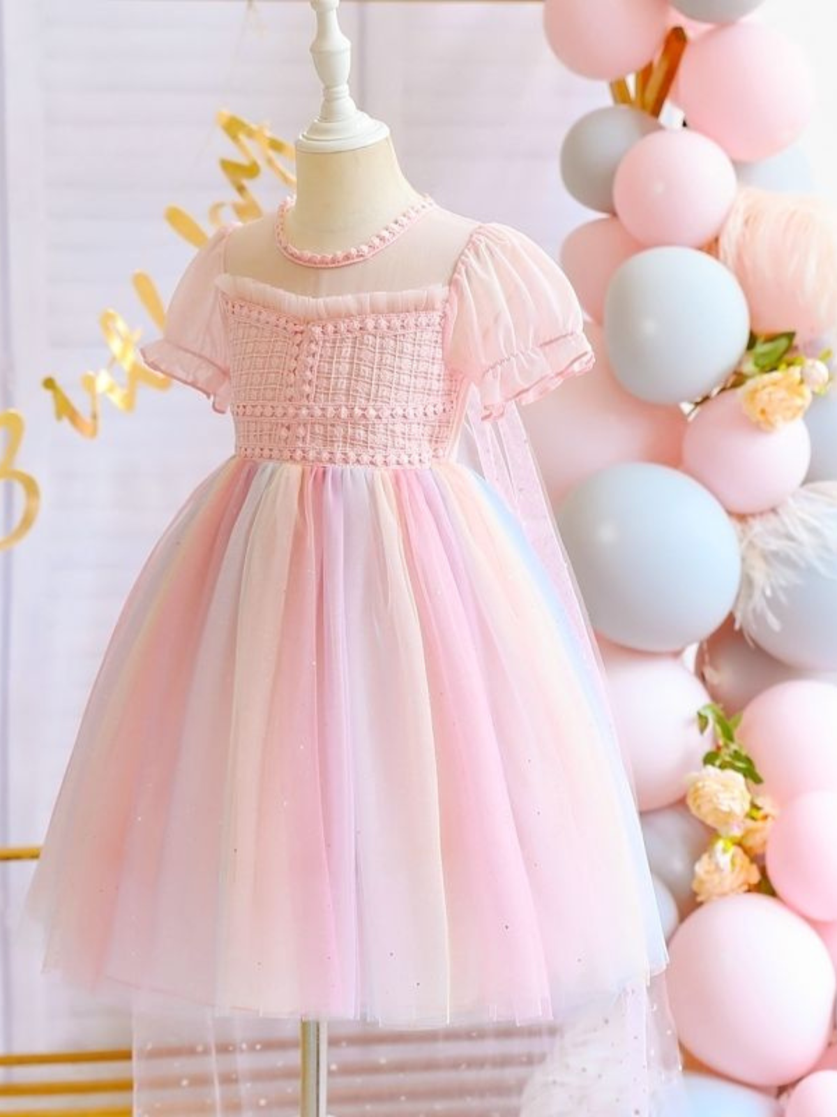 Girls Formal Dresses | Pastel Rainbow Tulle Princess Dress With Train