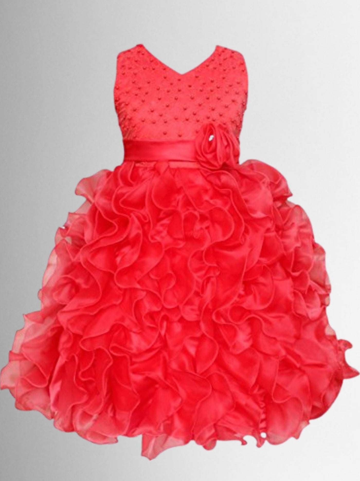Girls Sleeveless Pearl Ruffled Special Occasion Dress