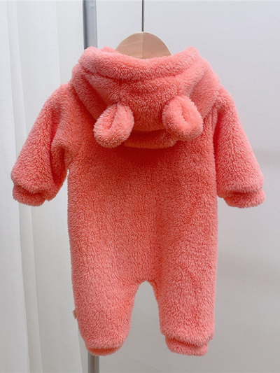 Baby Fuzzy Bear Fleece Hood Onesie Coral