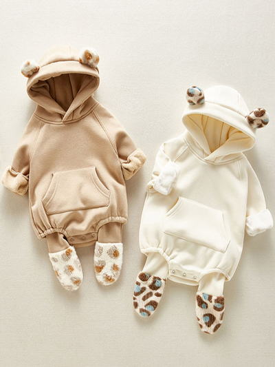 Baby Winter Cute Cub Plush Hooded Sweater and Footie Pants Set